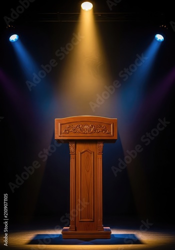 An empty wooden lectern sits center stage under a brilliant spotlight with professional lighting effects and a dark atmospheric backdrop, atmosphere, theater, presentation