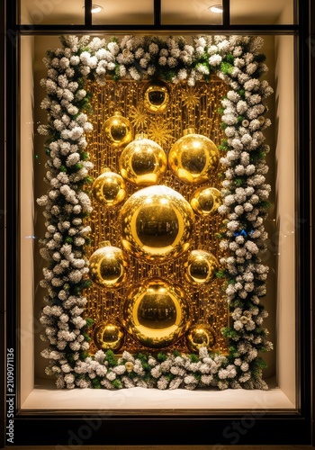 An ornate holiday storefront window glows with golden lights, featuring decorative glass baubles and thick evergreen branches during winter, snowflakes, display, seasonal