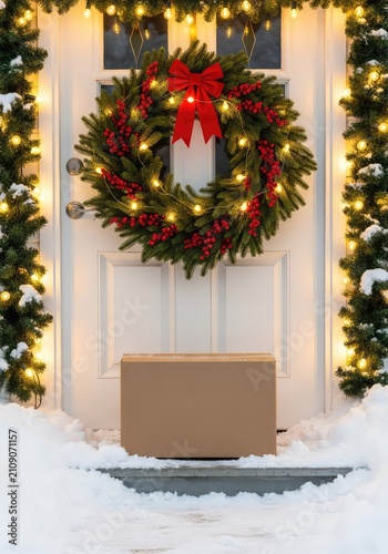Cardboard box placed on a doorstep decorated with a Christmas wreath and lights, surrounded by fresh snow during the winter holiday season, parcel, door, shipment