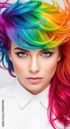 Close up of a face with multi-colored hair and a magnetic gaze. Vibrant rainbow shades flow through flowing locks in a vivid portrait, gradient, lighting, hue