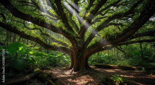 Dense tropical vegetation surrounds ancient gnarled trees with twisted branches under a dim canopy, creating a dark and mysterious mood, overgrown, fog, dark