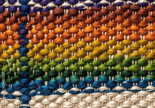 Detailed macro view of an intricate handwoven textile made from organic fibers. The interlacing threads create a complex and rustic pattern, texture, interlaced, braid