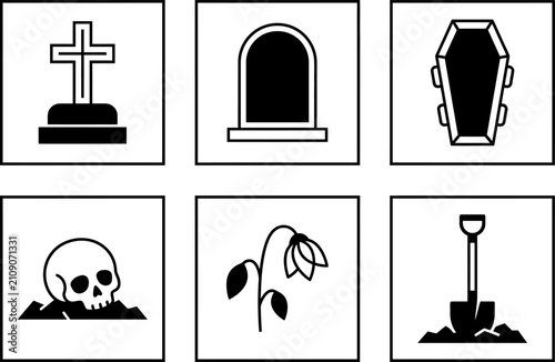 Принти на полотні Tombstone grave coffin flower shovel icon set