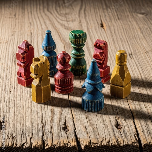 Eight vintage hand-carved wooden board game pieces arranged on a rustic timber surface, showing natural grain textures and weathered edges, old, grain, organic