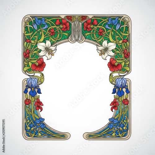 Elegant Art Nouveau frame featuring intricate organic swirls, floral motifs, and flowing lines on a clean background for decorative use, pattern, stylized, filigree