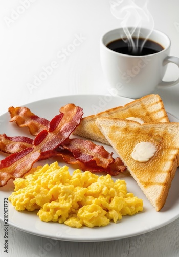 Fluffy scrambled eggs served with crispy bacon strips and buttered toast on a white plate next to a steaming cup of dark roasted coffee, overhead, delicious, morning