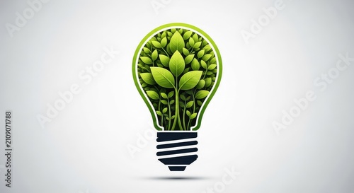 Flat design lightbulb icon containing lush green leaves and sprouting plants, representing creative innovation and sustainable growth, inspiration, blooming, growth