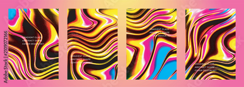 Abstract colorful liquid gradient glass cover poster backgrounds design set with neon flame wavy patterns ideal for posters, covers, digital art, magazine, catalog, flyer and another design projects.