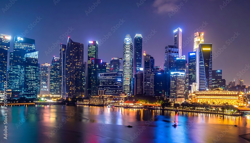 Fototapeta premium City Skyline at Night Waterfront View.