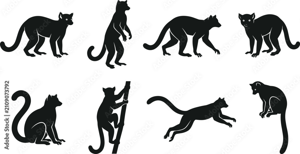 Fototapeta premium Black Panther Silhouette Collection with Walking, Standing, Climbing, Jumping, Sitting, and Hunting Wild Cat Poses Isolated Vector Illustration Set