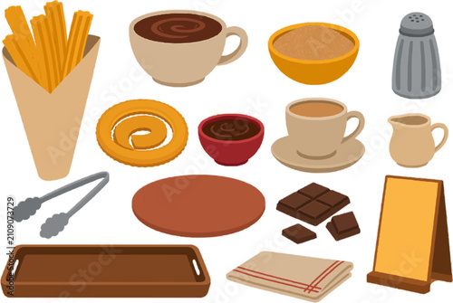 Spanish Churros Breakfast vector illustration collection with churros sticks, spiral churros, thick hot chocolate cup, cinnamon sugar bowl