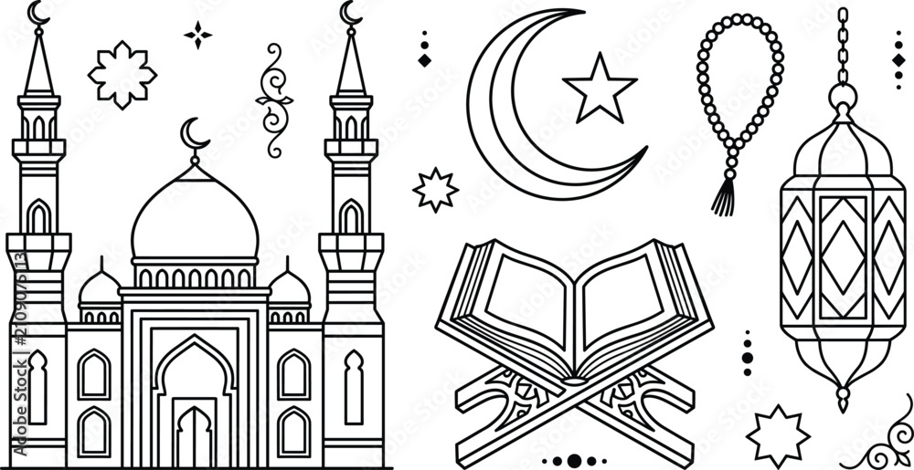 Fototapeta premium Islamic ramadan religious elements vector line icons set featuring mosque minarets holy quran book crescent moon star beads and lantern
