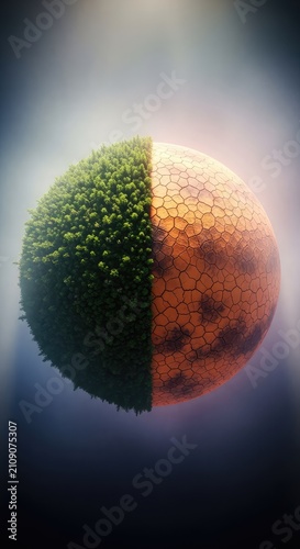 A spherical planet showing a stark contrast between a lush green forest and a parched orange desert under a thick, hazy atmosphere, world, vegetation, forest
