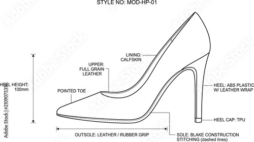 Fotografie High‑heeled shoe technical CAD drawing with material specifications