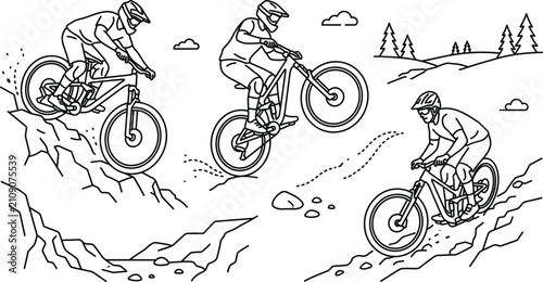 Obraz na płótnie Mountain biking downhill freeride extreme sport vector line art set featuring mt