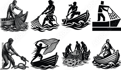 Принти на полотні Fisherman on boat vector silhouette set throwing fishing nets and biblical apost