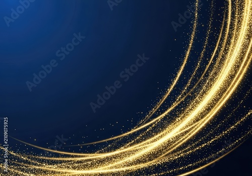 An elegant dark blue background features shimmering golden light streaks and glowing particles, creating a sophisticated and luxurious mood, glitter, design, royal