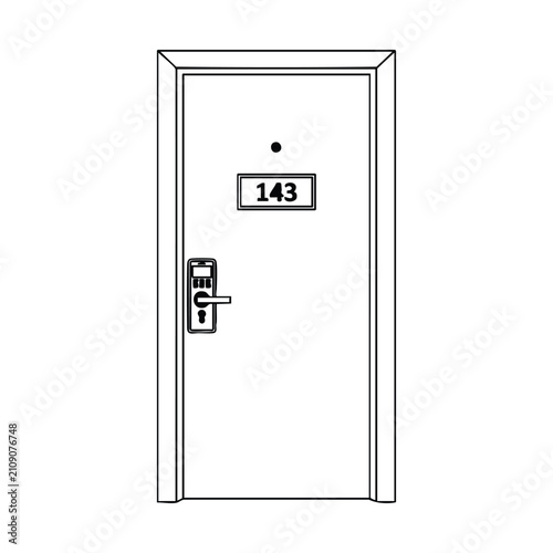 Outline drawing of a hotel room door with number 143, a peephole, and a modern keycard lock.