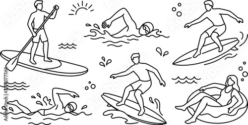 Photography Water sports summer activities vector line art collection featuring surfing swim