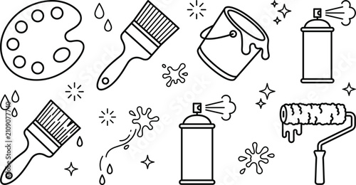 Art supplies home renovation and painting tool vector line art icons set with brush roller palette bucket spraycan splatters.