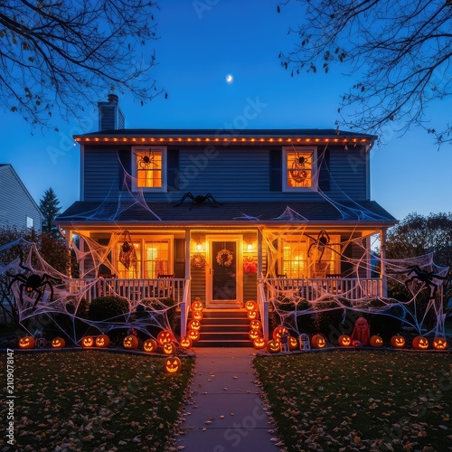 A charming suburban home features elaborate Halloween decorations with glowing jack-o-lanterns, thick spider webs, and orange porch lights, pumpkin, architecture, steps