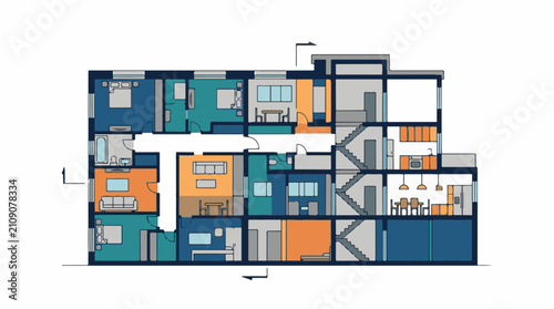 Colorful architectural floor plan with distinct rooms and stairways
