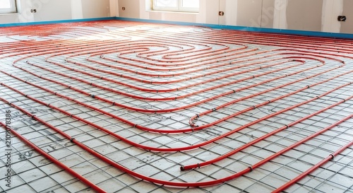 A detailed view of modern underfloor heating pipes installed on a grid before the concrete floor is poured in a bright residential room, engineering, indoor, coil