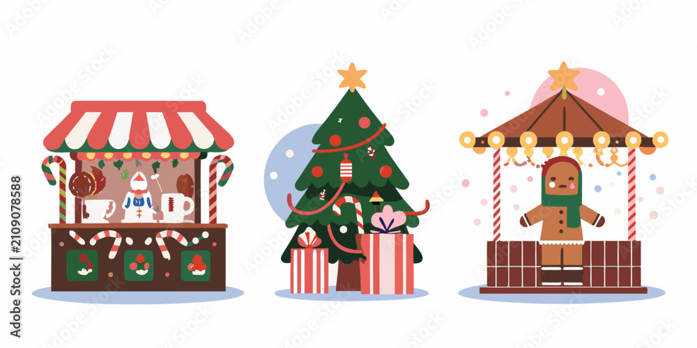 Fototapeta premium Christmas Market Stalls And Decorated Tree Colorful Vector Illustration