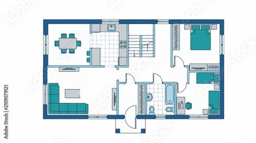 Colorful blueprint of a modern home with three bedrooms living room dining and kitchen