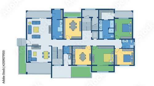 Colorful blueprint of a multi-room dwelling with furniture and fixtures