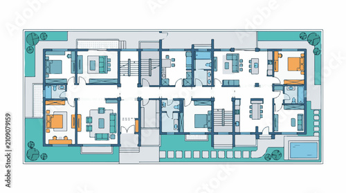 Colorful blueprint of a multi-room dwelling with interior details