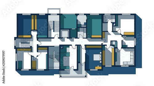 Colorful blueprint shows a multi-story building interior with rooms and stairs