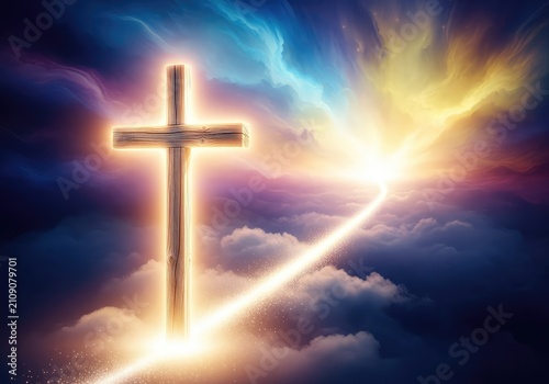 A radiant light emanates from a wooden cross within a celestial realm, creating a path toward eternal peace and a spiritual divine afterlife, inspiration, faith, sacred