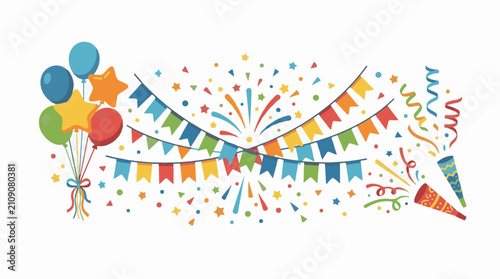Colorful party decorations with balloons bunting confetti and poppers