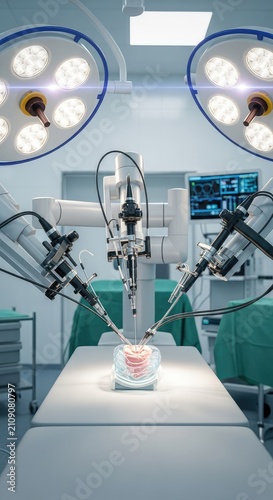 Advanced robotic arms with precision instruments perform a complex medical procedure within a modern, sterile operating room environment, electronic, machine, modern