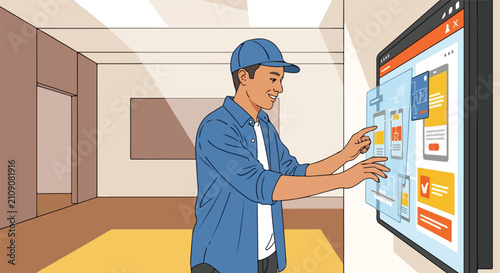 Smiling man in cap interacting with touch screen