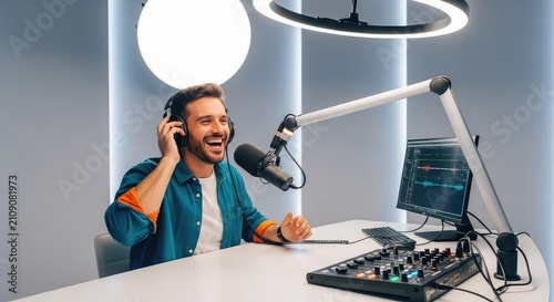 Joyful expression during a live audio broadcast within a minimalist studio featuring professional equipment and bright ambient lighting, cheerful, soundboard, electronic