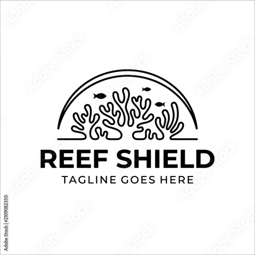 Arched badge containing fish and coral silhouettes for environmental protection agencies and marine sanctuaries.