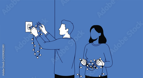 People decorating with lights
