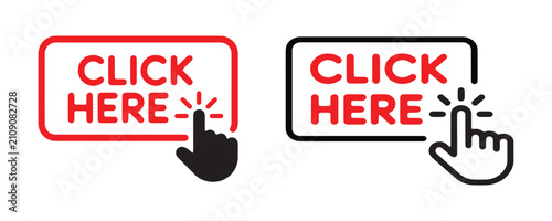 Click here buttons with hand cursor illustration for digital call to action elements for websites.