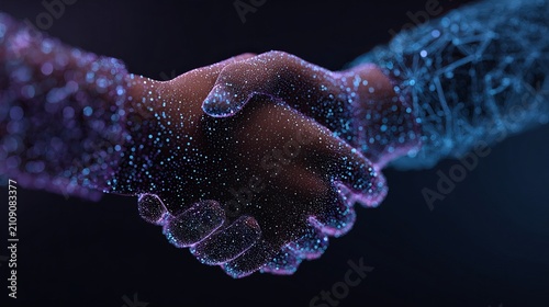 Handshake in futuristic digital environment symbolizing partnership, trust, innovation, technology collaboration and business connection