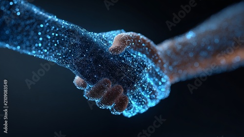 Handshake in futuristic digital environment symbolizing partnership, trust, innovation, technology collaboration and business connection