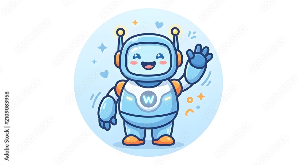 Fototapeta premium Friendly Cartoon Robot Mascot Waving Hello with Joyful Expression and Cute Details