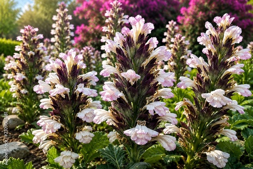 Delicate Pink and White Bear's Breeches (Acanthus) Flower Close-Up with Soft Bokeh Garden Background