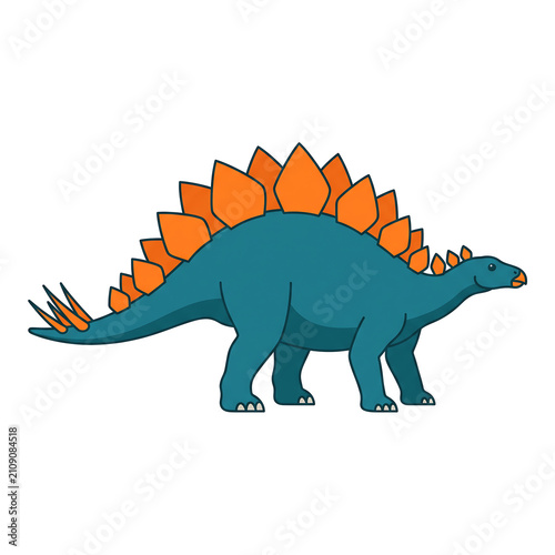 Cute cartoon Stegosaurus dinosaur with blue body and orange plates isolated on white background