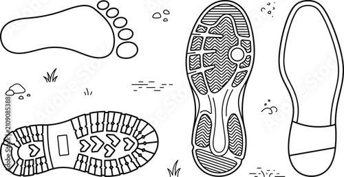 Photos Shoe sole print tracks vector line art set featuring single barefoot imprint boo
