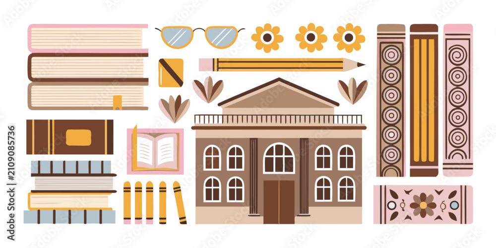 Fototapeta premium Bookish Elements And Library Building Flat Vector Illustration On White