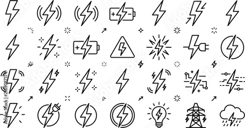 Energy lightning bolt power vector line icons set featuring electric flash battery charge plug bulb and high voltage tower
