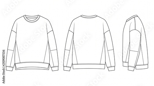 Oversized Crewneck Sweatshirt Technical Flat Sketch - Front, Back, and Side Views Vector Template