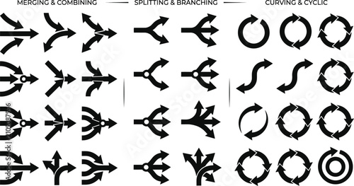 Tableau sur toile Diverse arrow icons illustrating merging combining splitting branching curving c